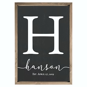 Personalized Printed Wood Monogram Family Name Sign With Established Date Framed Black w/brown frame