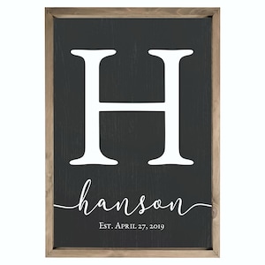 A personalized family name sign with monogram shown in a rustic black background and white text with a weathered grey wood frame.