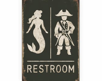 Vintage-Style "Restroom" Sign - Humorous Mermaid And Pirate Wall Decor - Rustic Distressed Design - Available In Four Sizes