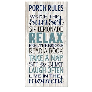 Porch Rules Farmhouse Style Wood Wall Decor Sign - Available In Four Sizes