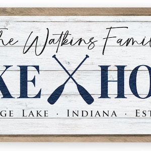 Personalized Lake House Sign, Custom Family Last Name Lake House Sign, Cabin Sign, Lake Home Wall Decor, Housewarming Gift White w/brown frame
