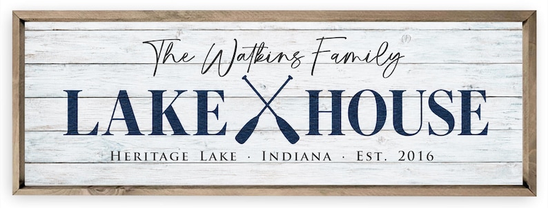 Personalized Lake House Sign, Custom Family Last Name Lake House Sign, Cabin Sign, Lake Home Wall Decor, Housewarming Gift White w/brown frame