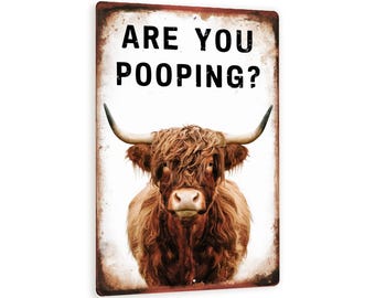 Funny Vintage "Are You Pooping?" Cow Sign – Rustic Bathroom Decor – 8"x 12" Metal Wall Art With Shaggy Cow Photo