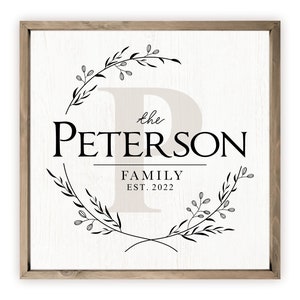 Personalized Printed Wood Family Name Sign With Monogram Initial Framed White Background