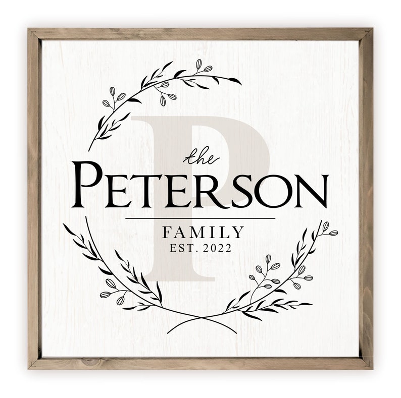 Personalized Printed Wood Family Name Sign With Monogram Initial Framed White Background