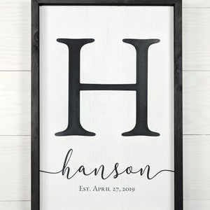 Personalized Printed Wood Monogram Family Name Sign With Established Date Framed White w/black frame