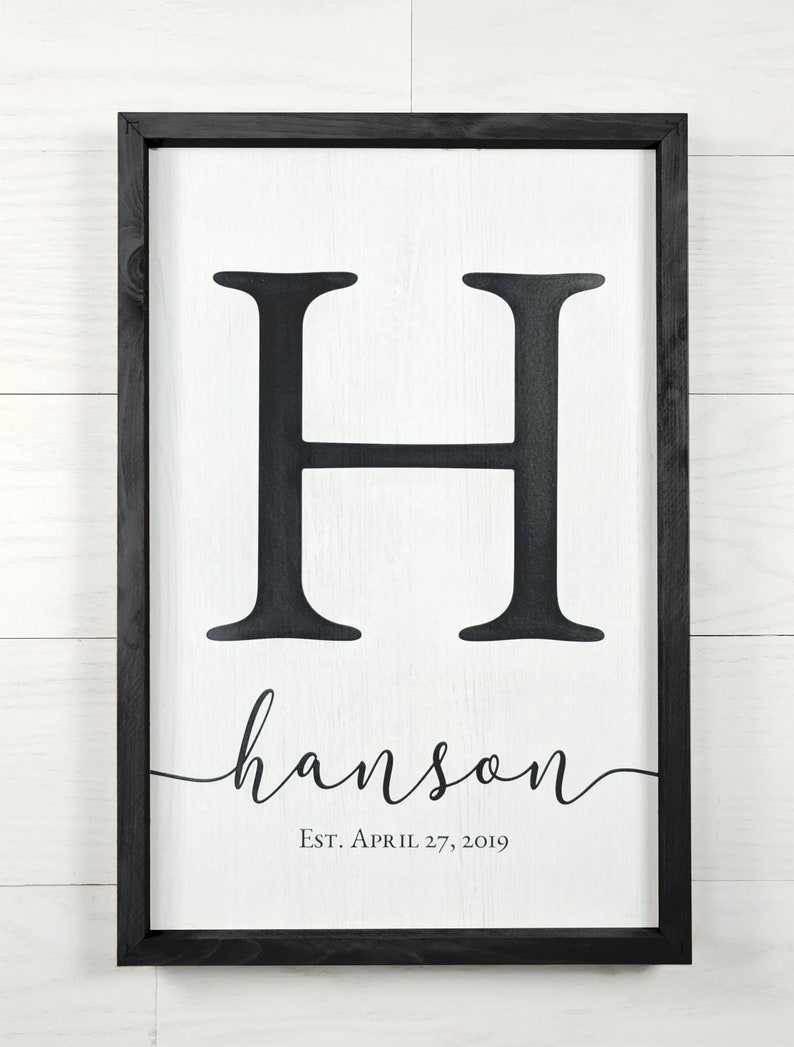 Personalized Printed Wood Monogram Family Name Sign With Established Date Framed White w/black frame