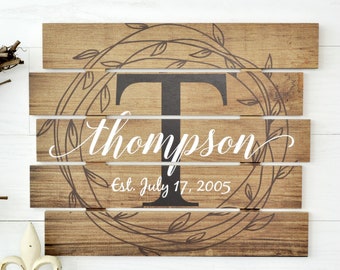 Personalized Printed Wood Family Name Sign With Rustic Pallet Monogram 15x18