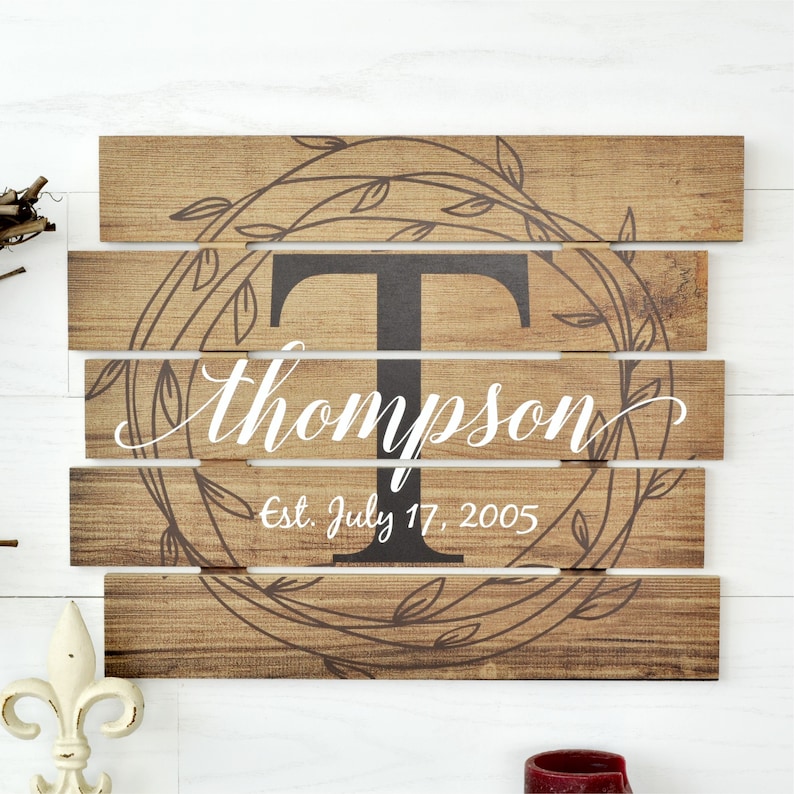 Personalized Printed Wood Family Name Sign With Rustic Pallet Monogram 15x18 