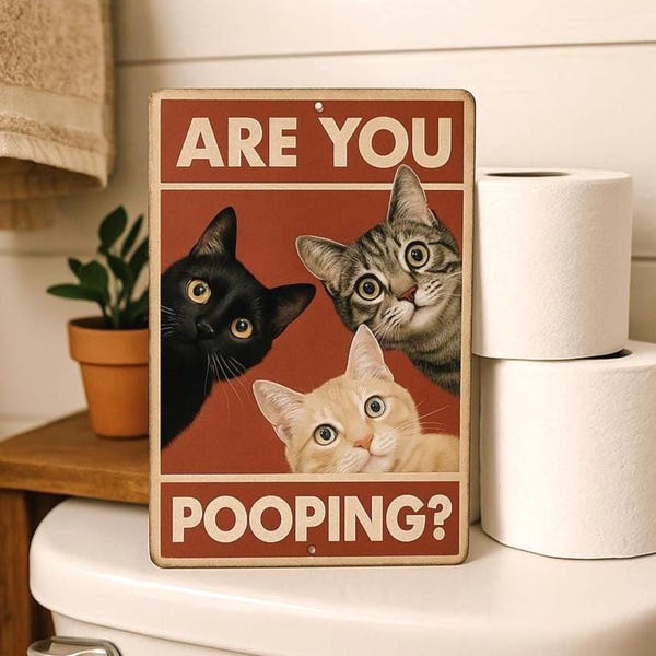 Funny Cat Sign - 8x12 Inch 'Are You Pooping?' Wall Art With Cats Staring - Perfect For Bathroom Decor, Humorous Gift