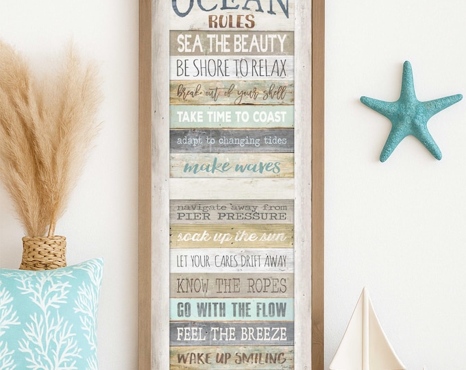Ocean Rules Farmhouse Style Wall Decor Sign - Available In Four Sizes