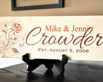 Personalized Printed Wood Family Name Sign With Established Date And Floral Design