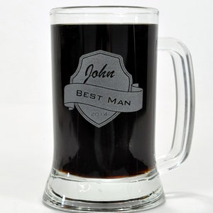 Personalized Engraved 16 Ounce Glass Beer Mug With Shield Design (Sold Individually)