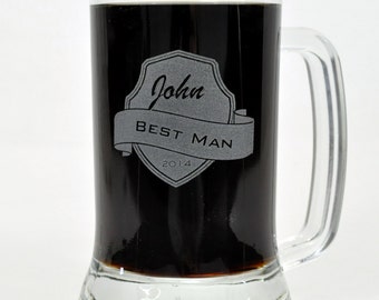 Personalized Engraved 16 Ounce Glass Beer Mug With Shield Design (Sold Individually)