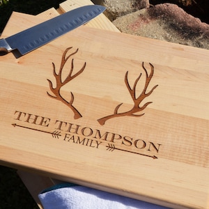 Personalized Laser Engraved Wood Cutting Board With Deer Antler Design
