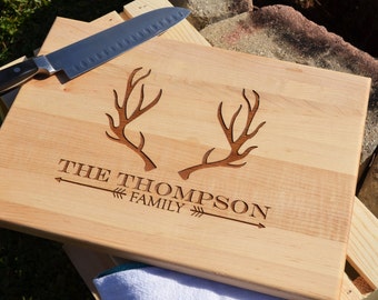 Personalized Laser Engraved Wood Cutting Board With Deer Antler Design