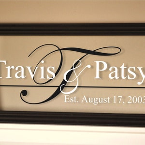 May include: A black framed sign with a white background. The sign has a stylized black letter "T" with the names "Travis & Patsy" and the text "Est. August 17, 2003".