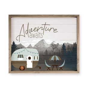 Adventure Awaits Camper Mountain Farmhouse Style Wall Decor Sign - Available In Four Sizes