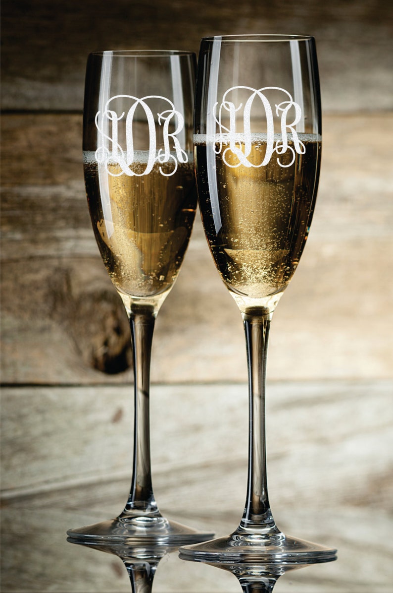Personalized Engraved Champagne Toasting Glasses With Monogram Set of 2