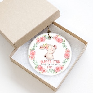 Personalized Baby's First Christmas Bunny and Watercolor Roses 3 Inch Ceramic Christmas Ornament With Gift Box