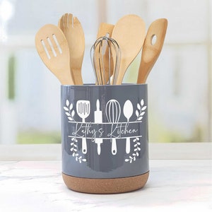 Personalized Ceramic Kitchen Utensil Holder - Engraved With A Name (utensils not included)