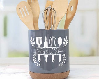 Personalized Ceramic Kitchen Utensil Holder - Engraved With A Name (utensils not included)