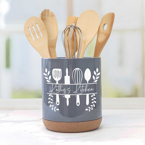 Personalized Ceramic Kitchen Utensil Holder - Engraved With A Name (utensils not included)