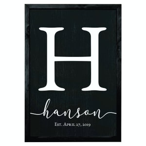 Personalized wooden name sign for your home. Custom wooden name sign perfect for farmhouse wood signs. Ideal as a personalized family name sign and rustic family name sign. Shown here with a black frame and distressed black background