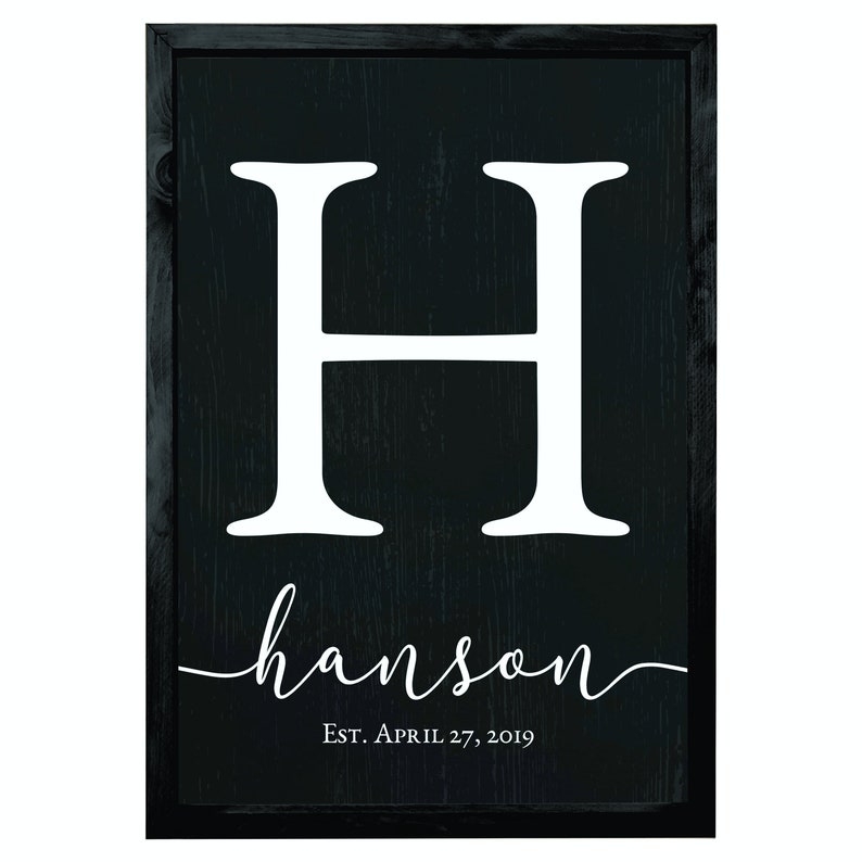 Personalized Printed Wood Monogram Family Name Sign With Established Date Framed Black w/black frame