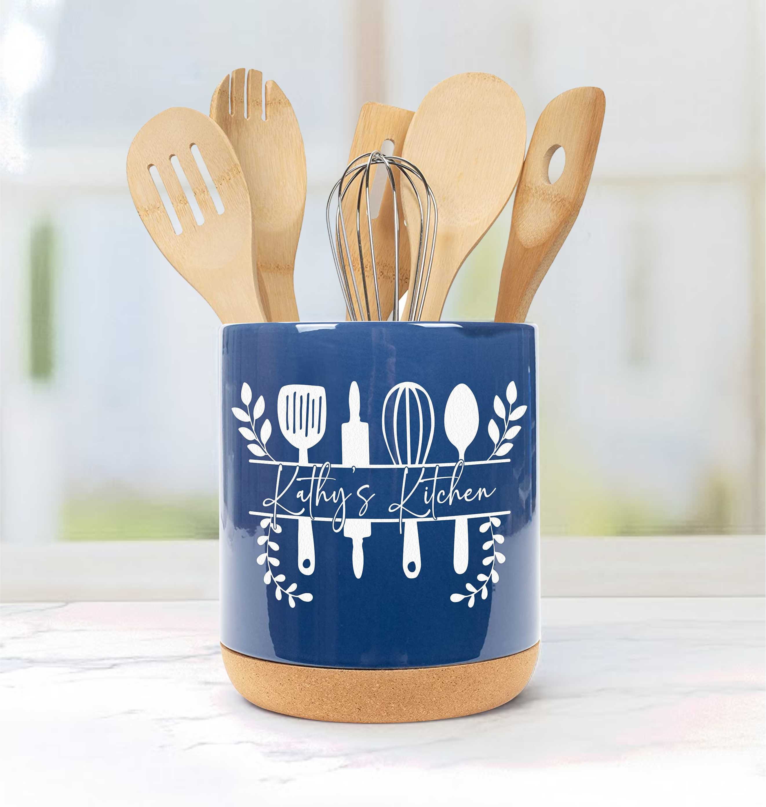 Personalized Ceramic Kitchen Utensil Holder Engraved With A 