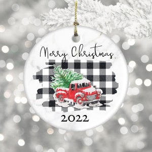 Merry Christmas Truck With Plaid Background 3 Inch Ceramic Christmas Ornament With Gift Box