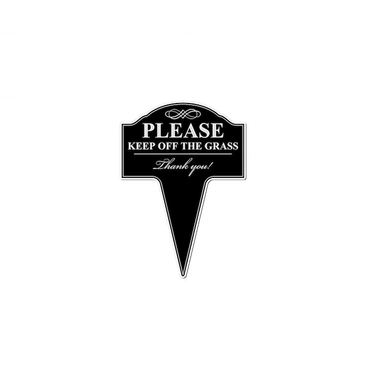 A small yard sign with the message Please Keep Off The Grass, Thank You.  It has a stake that is used to plant the sign in the ground.  A sleek black finish with bright white text makes this sign a very attractive addition to your yard.