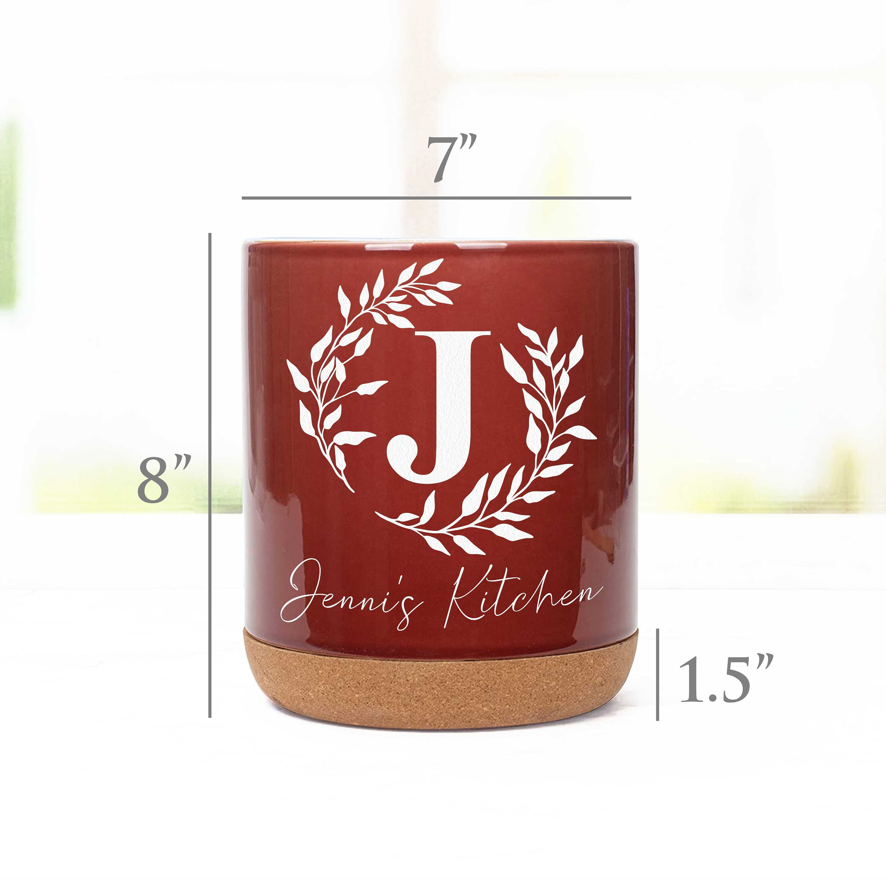 Personalized Ceramic Kitchen Utensil Holder - Monogrammed With Custom Text, Cork Bottom (Utensils Not Included)