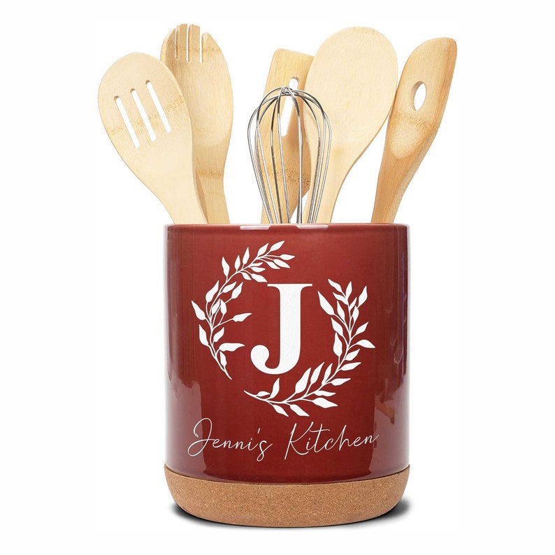 Personalized Ceramic Kitchen Utensil Holder Engraved with Your Monogram and Custom Text utensils not included Red