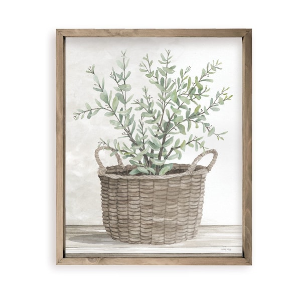 Watercolor Painting Of Plant In Woven Basket Farmhouse Style Wood Wall Decor Sign