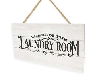 Laundry Room Loads Of Fun (White) Wooden Plank Hanging Wall Decor Sign White Style 5x10