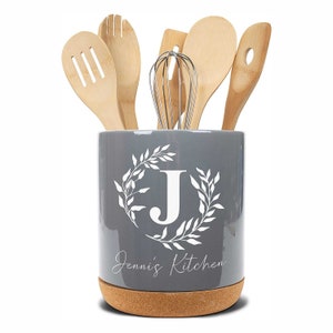 Personalized Ceramic Kitchen Utensil Holder Engraved with Your Monogram and Custom Text utensils not included image 7