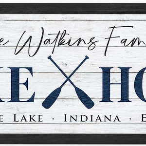 Personalized Lake House Sign, Custom Family Last Name Lake House Sign, Cabin Sign, Lake Home Wall Decor, Housewarming Gift White w/black frame