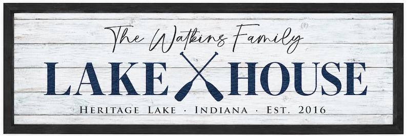 Personalized Lake House Sign, Custom Family Last Name Lake House Sign, Cabin Sign, Lake Home Wall Decor, Housewarming Gift White w/black frame