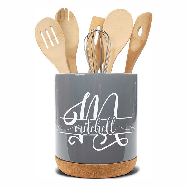 Personalized Ceramic Kitchen Utensil Holder - Engraved with Your Monogram and Family Name (utensils not included)