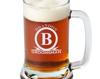Personalized Engraved 16 Ounce Glass Beer Mug With Circle Monogram (Sold Individually)
