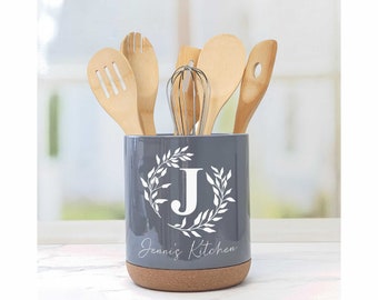 Personalized Ceramic Kitchen Utensil Holder - Engraved with Your Monogram and Custom Text (utensils not included)