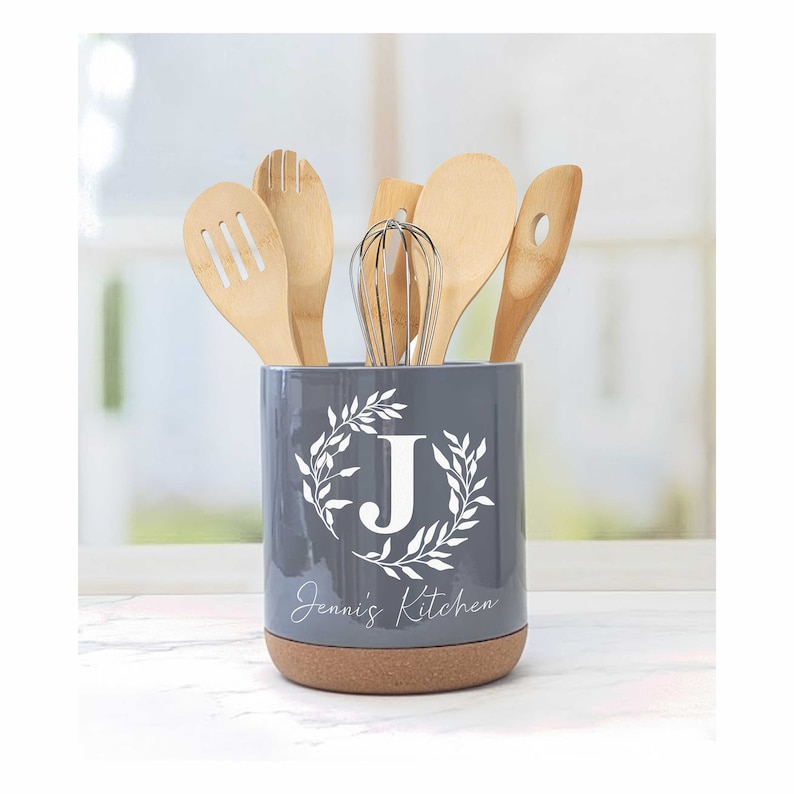 Personalized Ceramic Kitchen Utensil Holder Engraved with Your Monogram and Custom Text utensils not included image 1