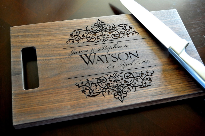 Personalized Laser Engraved Cutting Board With Filigree Design And Established Date 