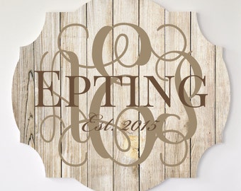 Personalized Printed Wood Family Name Sign With Vine Monogram 18x20