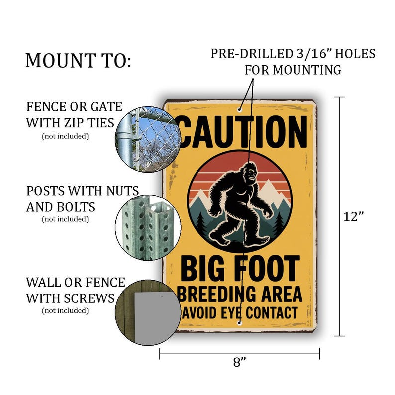 Caution Bigfoot Breeding Area Sign – Funny Sasquatch Warning Metal Wall ...