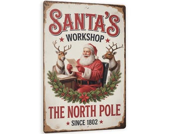 Santa’s Workshop North Pole Sign – Vintage Metal Christmas Wall Decor With Santa & Reindeer, Rustic Holiday Wreath Design 8x12