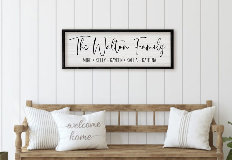 Rustic personalized family name sign, custom wooden name sign. Ideal for farmhouse wood signs and personalized family home decor. Great for last name signs and family name wood signs. A distressed white wood background with black frame.