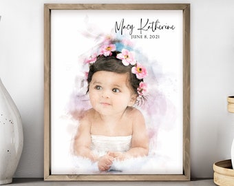 Personalized Custom Watercolor Portrait Framed Newborn or Baby Print of Your Photo