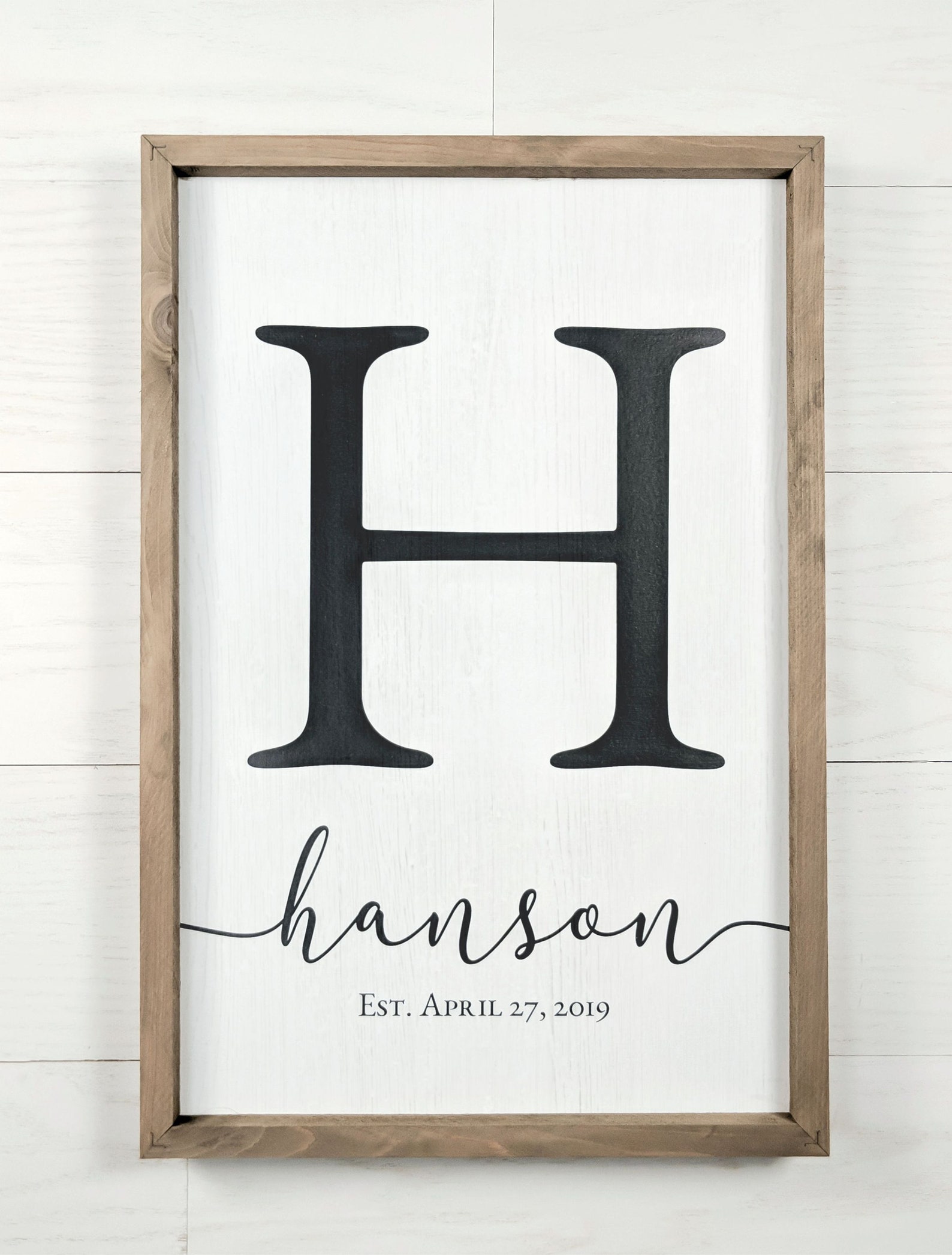 Custom Last Name Sign, Wedding Gift - 16" x 24" inches, White w/brown frame